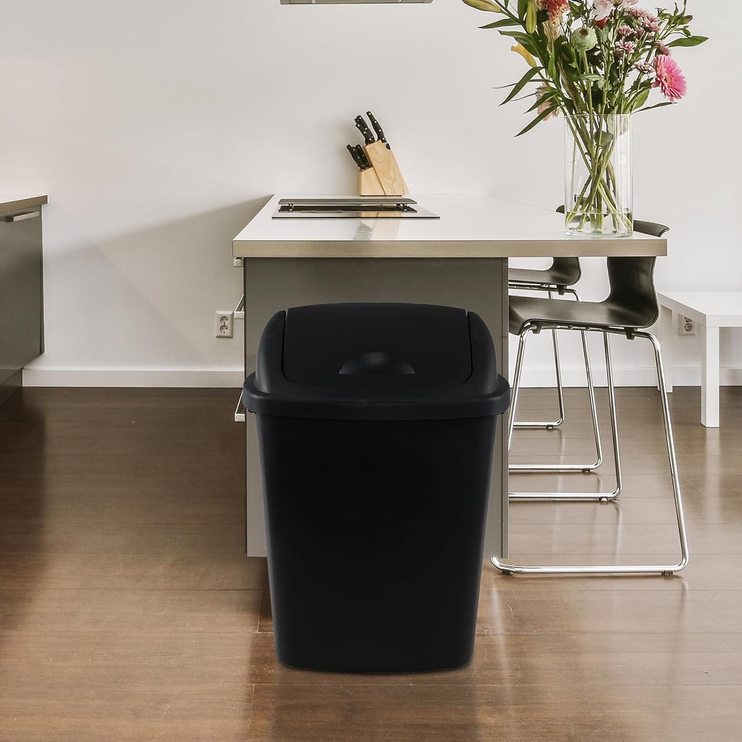 4 Pack Swing Top Trash Can, 6 Gallon Plastic Garbage Bins with Swing Lid, Black