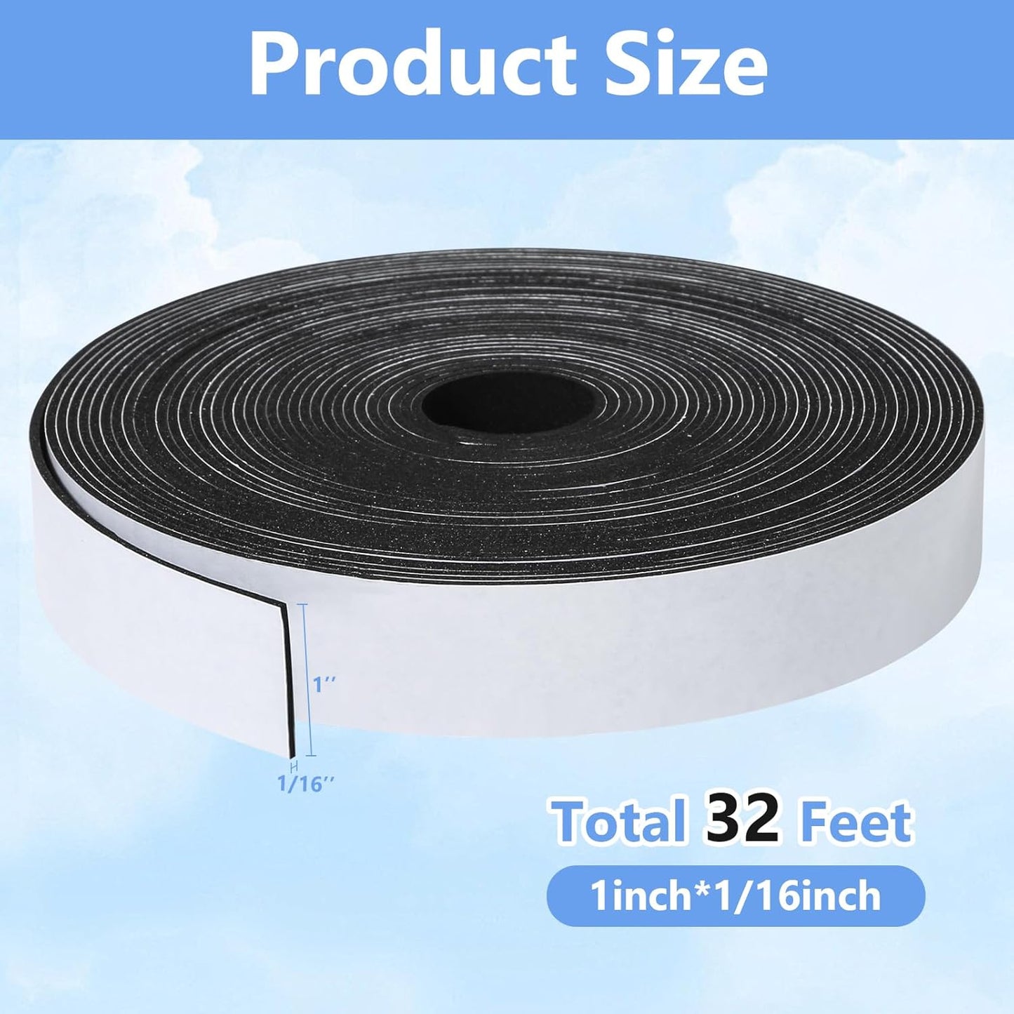 Weather Stripping Door Seal Strip- 1 Inch X 1/16 Inch X 32Feet, Strong Adhesive, Lightproof, Soundproof, Weatherproof Foam Tape Insulation for Sliding Door, Front Door Frame, Windows- Black