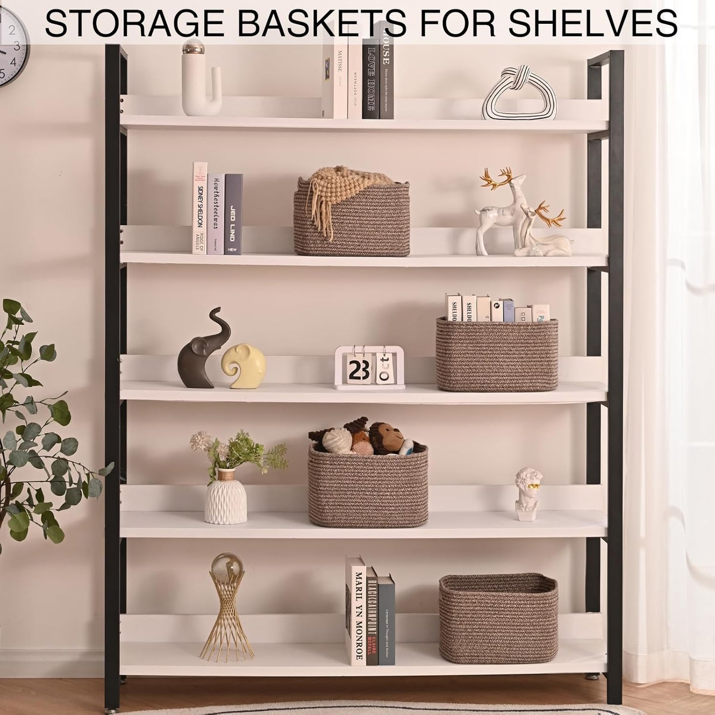 Small Storage Baskets for Organizing Shelves, Cotton Rope Basket for Storage, Cute Rectangular Book Toy Basket, 12.7"×9.1"×7.9", 4 Packs, Dark Brown