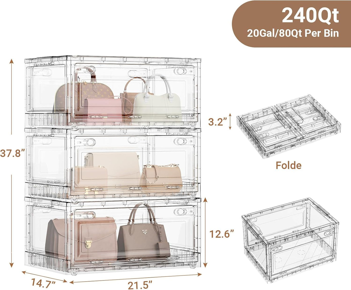 BROVIEW Clear Stackable Storage Bins Drawers, Open Front Large Plastic Storage Bins with Lids, Foldable Closet Organizers and Storage for Wardrobe Cabinets, Pantry, Makeup,3 Pack