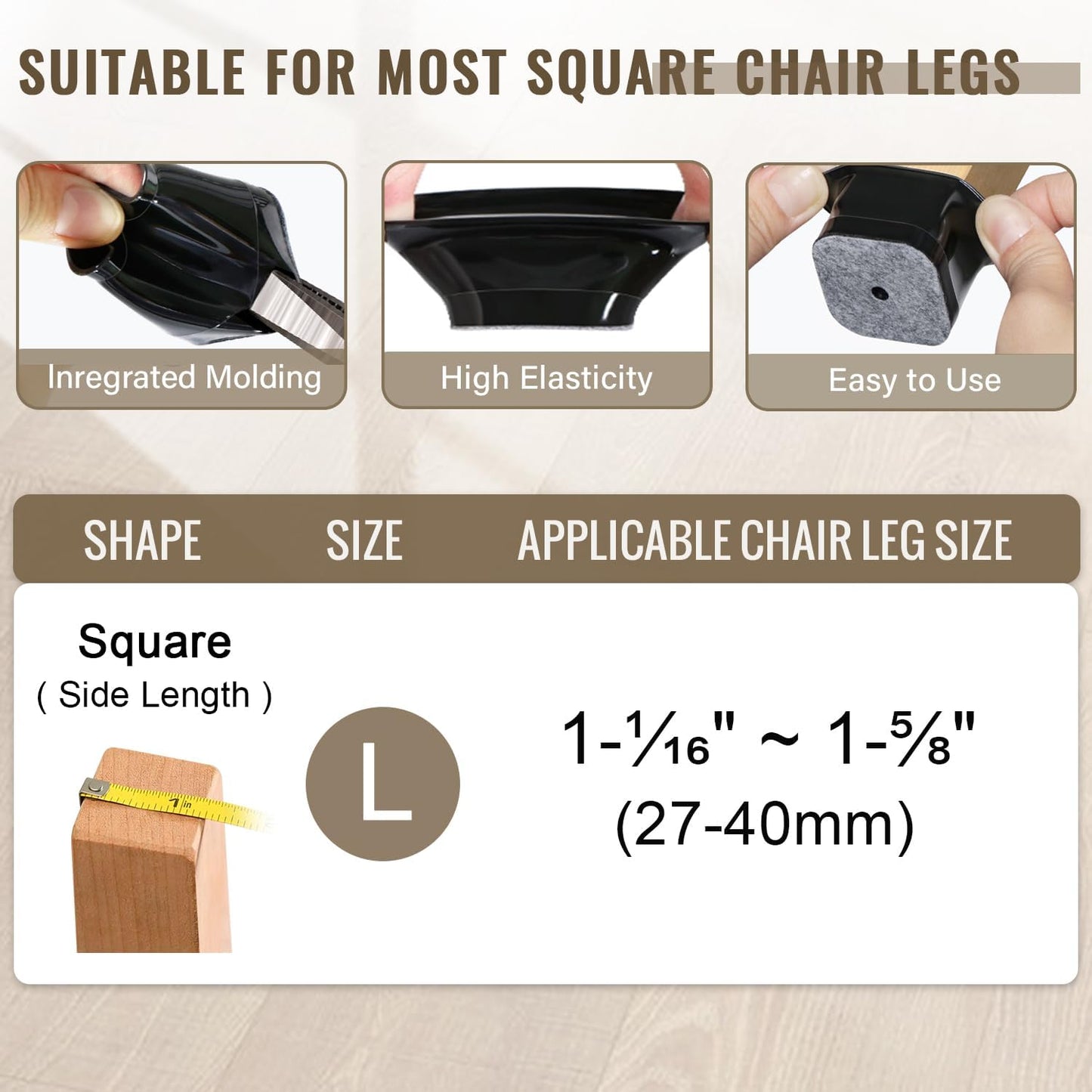 BUMACO Chair Leg Floor Protectors Square Chair Leg Protectors for Hardwood Floors 40Pcs Silicone Covers to Protect Floors Square (Black-L Fit 1-1/16" to 1-5/8")
