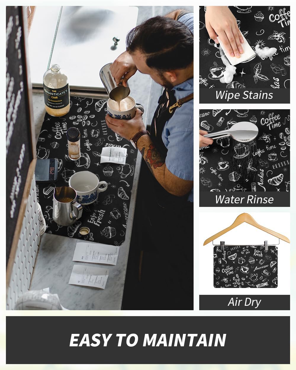 AMOAMI Coffee Mat Hide Stain Rubber Backed Absorbent Dish Drying Mat for Kitchen Counter - Fits Under Coffee Maker & Machine (17x31.5, Ink)