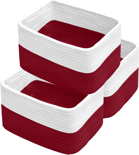 Hopegiver Woven Storage Baskets 11x8x7 Inch, 3 Pack Collapsible Cube Storage Bin for Shelves - Foldable Cotton Rope Organizer Bins for Towels, Toys, Books, Closet, Nursery (White Red)