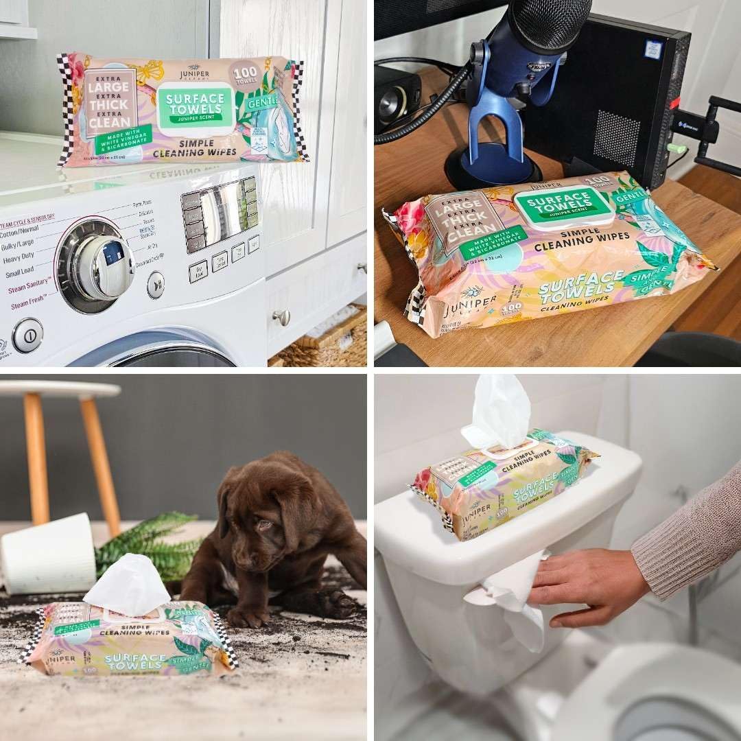 Single Surface Cleaning Wipes Bleach Free, Thick & Large Dispose, All-Purpose Cleaner for Bathroom, Kitchen, Office, 100 Count Soft Flow, Biodegradable, Juniper Scent