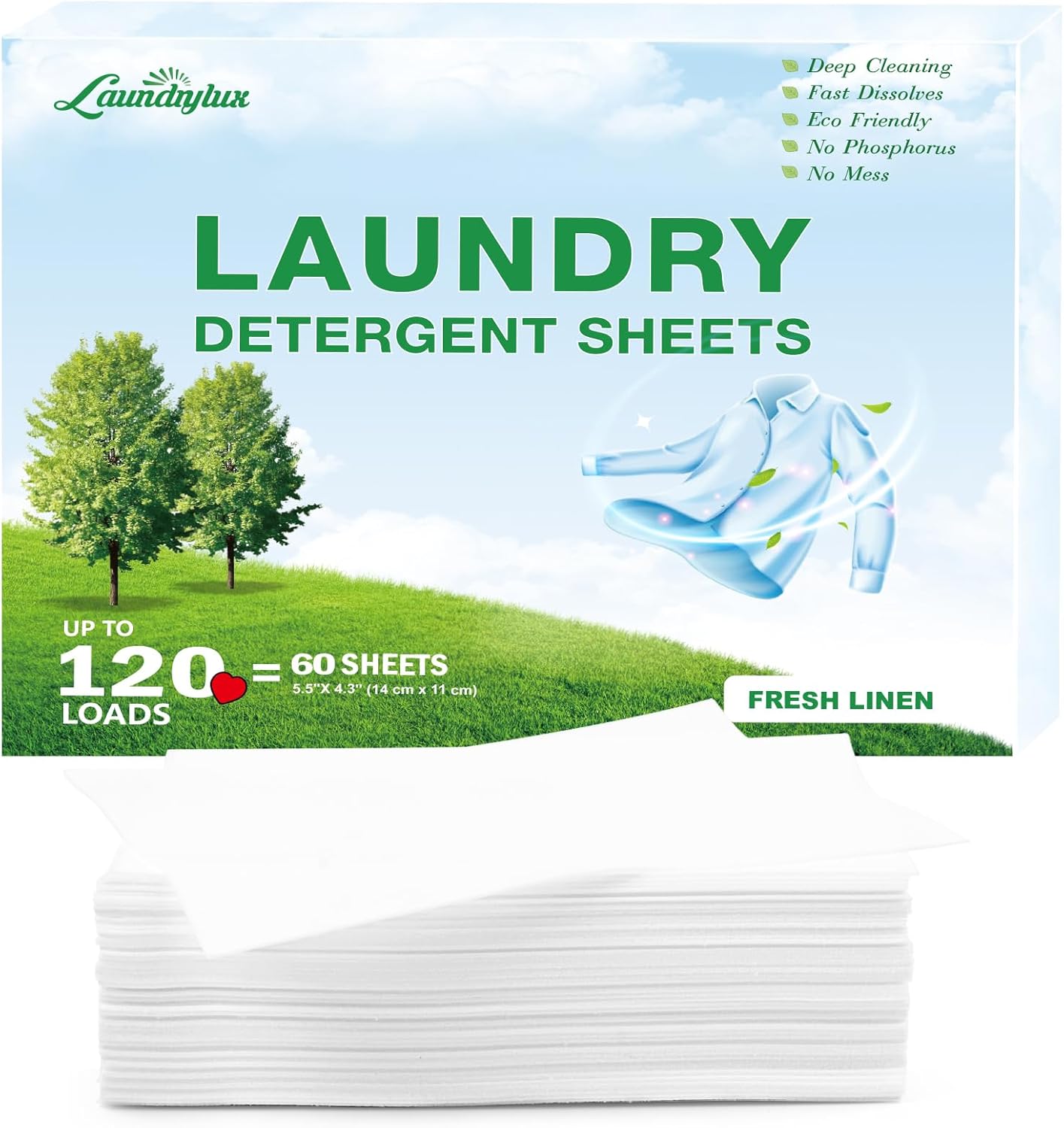 Laundry Detergent Sheet, Eco-Friendly & Hypoallergenic Wash Strips, Natural Ingredients, Ultra-Concentrated, Travel-Ready, No Plastic Jug- Fresh Scent, (120 Loads) 60 Sheets