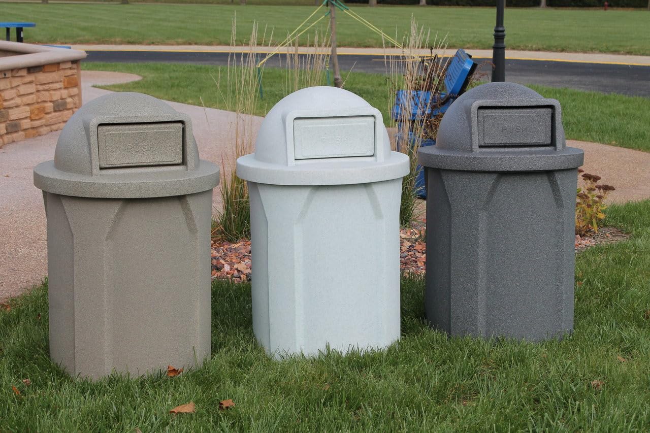 42 Gallon Round 100% Recycled Plastic Heavy-Duty Commercial Outdoor and Indoor Trash Can with Push Open Dome Lid and Internal Liner | Great for Schools and Businesses - Brown