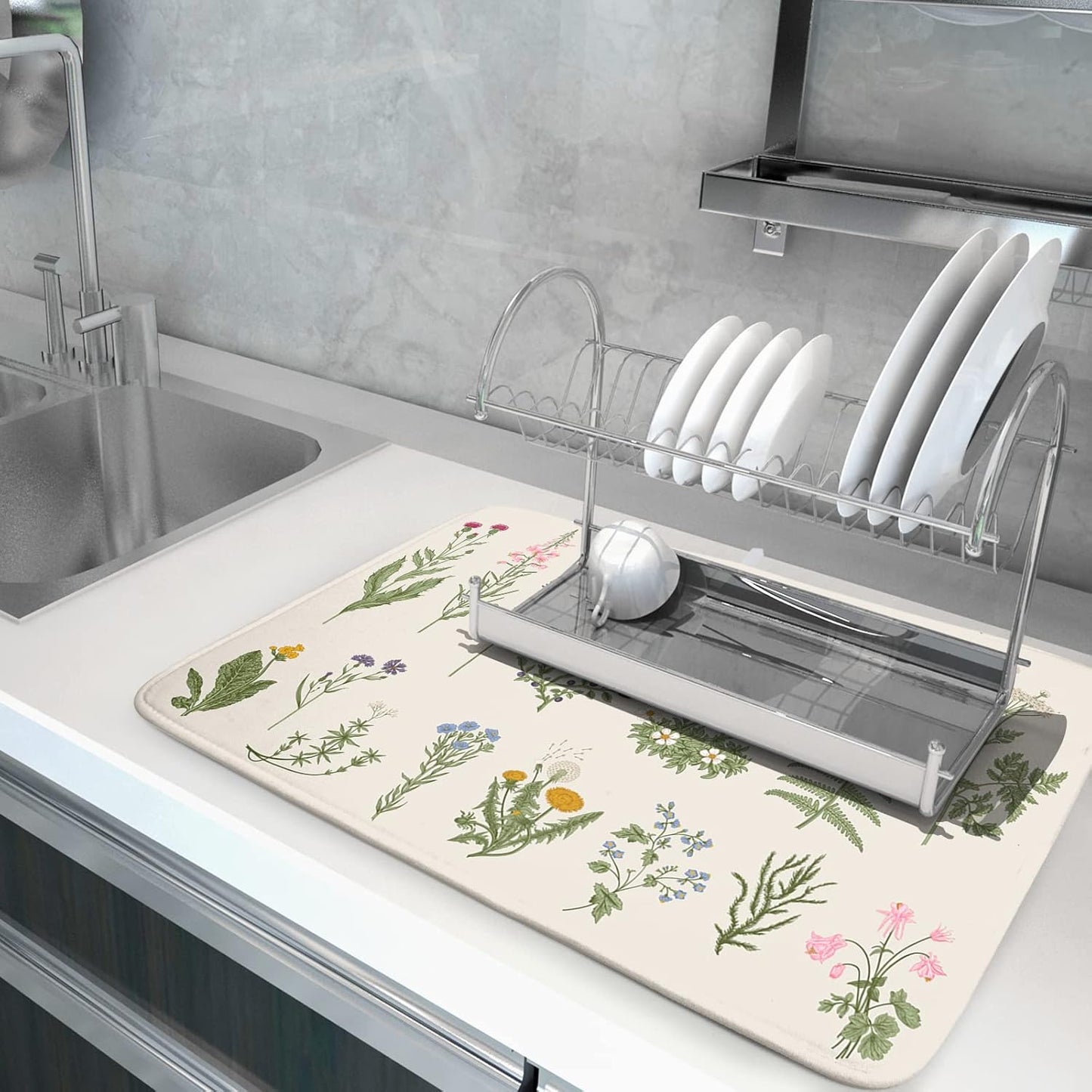 Sage Herb Dish Drying Mat For Kitchen Counter 18x24 In Leaves Microfiber Absorbent Dishes Pad Wild Plant Drying Mat Floral Drying Pad Green Decor Dish Drainer Rack Mats For Coffee Bar Mats