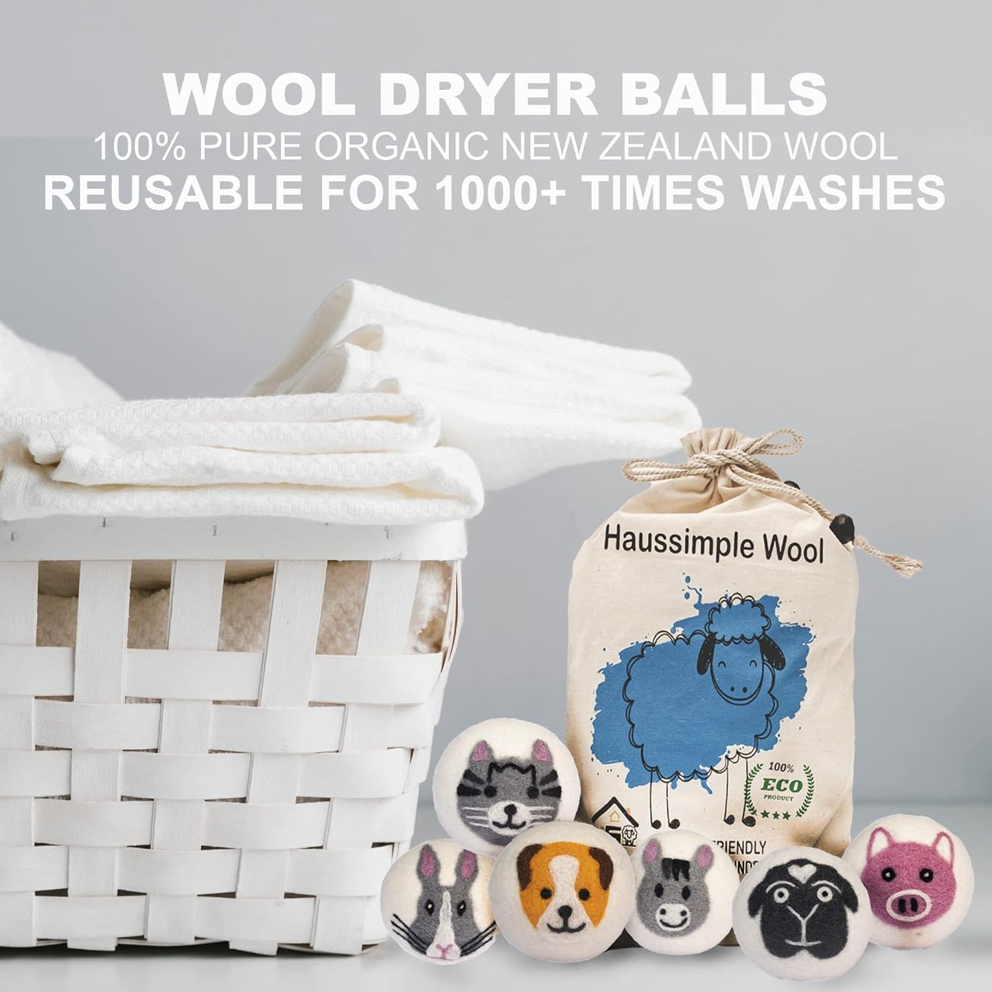 Wool Dryer Balls – 6-Pack XL Organic Fabric Softener | Natural Handmade Sheep Wool | Reusable, Anti-Static, Lint & Wrinkle Remover | Safe for Baby & Sensitive Skin (Farm)