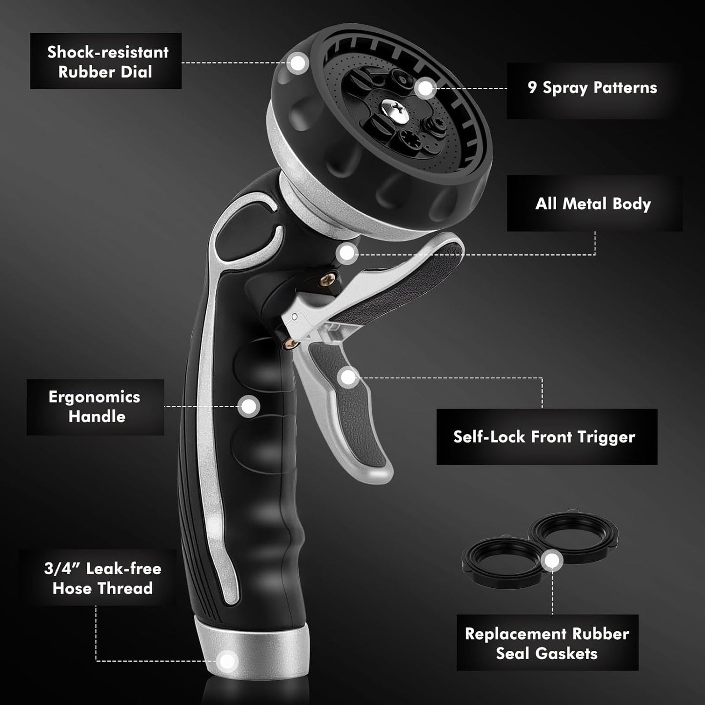 RESTMO Hose Nozzle with Easy Self-Lock Trigger, Heavy Duty Metal Water Hose Sprayer with 9 Spray Patterns and On/Off Valve, Ideal for Outdoor Lawn & Garden Watering, Car & Pet Washing, Silver