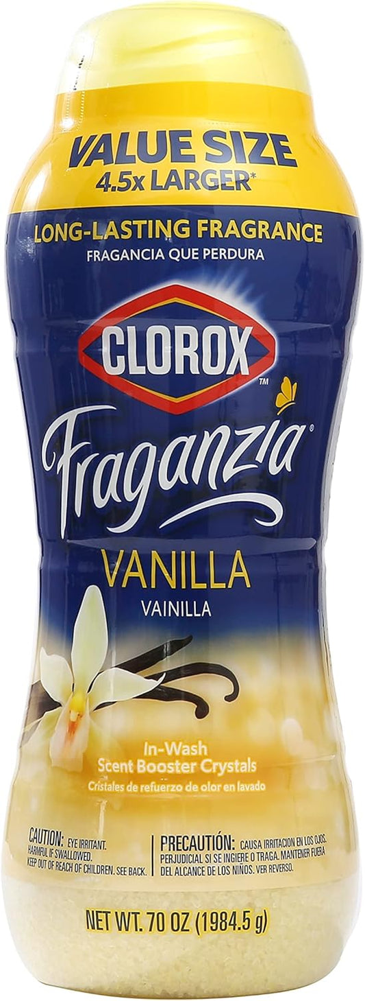 Clorox Fraganzia Laundry Scent Booster Crystals in Vanilla Scent - Scented In-Wash Freshener Beads for Fresh, Clean, Great Smelling Clothes and Linens, 70 Oz