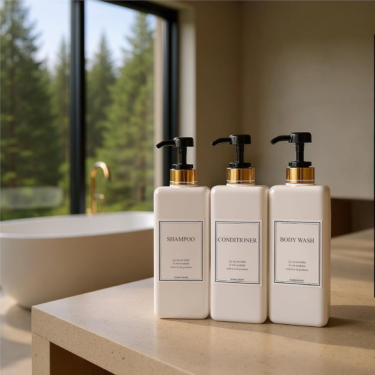 Modern Gold Design Large 27 oz Shampoo and Conditioner Dispensers - Empty Plastic Refillable Pump Bottle Set for Bathroom Shower Soap Dispenser, Set of 3 (Black)