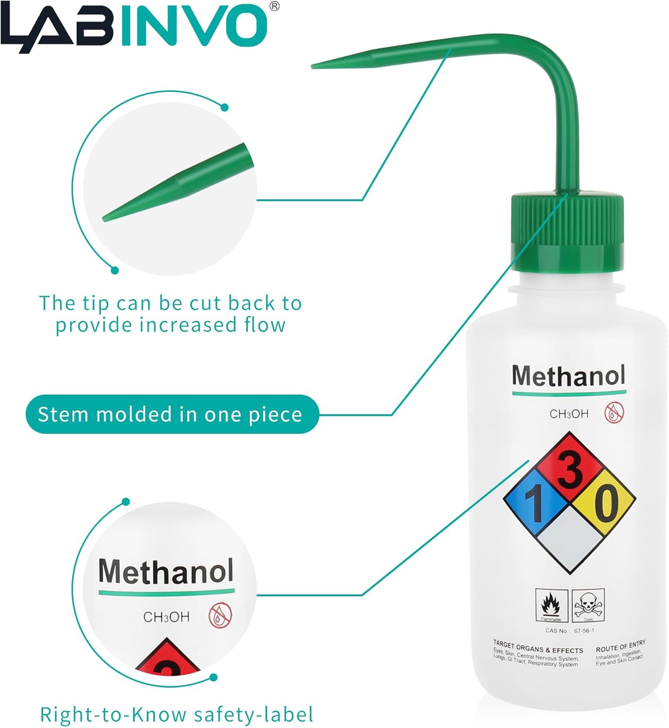 4pcs of Methanol Wash Bottles, Vol.500ml (17oz), Narrow Mouth, Self-Venting Safety Wash Bottles, LDPE Material, IN-WBM500