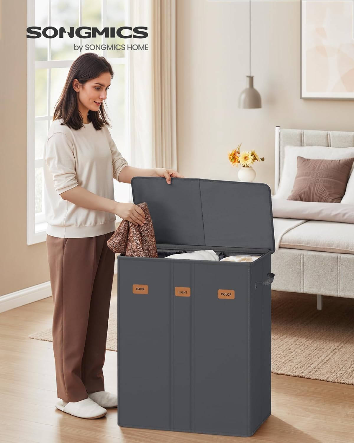 SONGMICS 42.2 Gallon (160 L) Laundry Hamper, 3-Compartment Laundry Basket Sorter with Lid, Labels, Removable Liner Bags, for Bedroom, Dark Gray URLH013G01