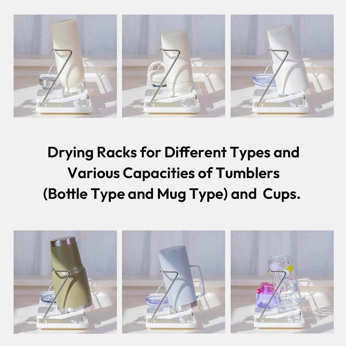carrotez Bottle Drying Rack, Tumbler Rack with Drain Tray - Narrow and Wide Openings with Various Capacity, Mug Type and Cup Type - White