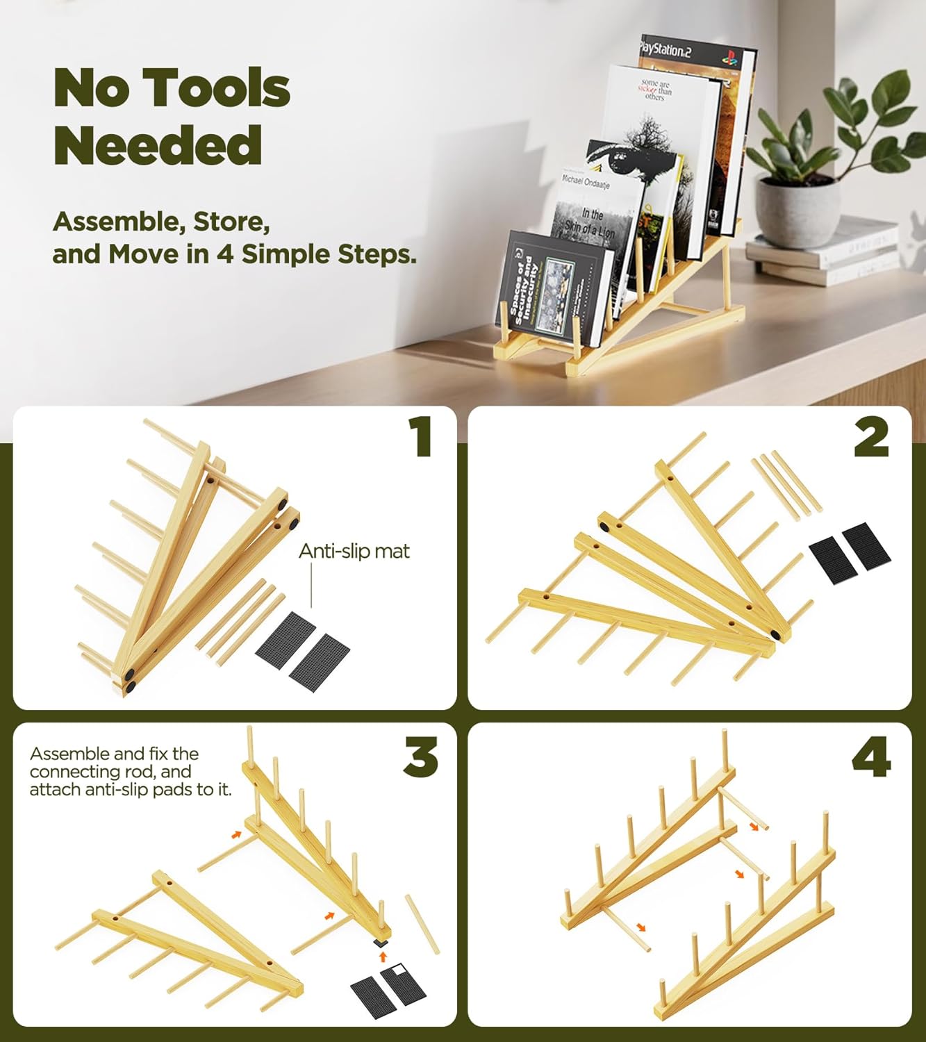 Bamboo Dish Drying Rack, 5 Slots Kitchen Organizer Craft Show Display Stand for Holds Plates, Bowls Cups, Cutting Boards, Pot Lids, Canvas, Books, Records, Artwork and Magazine