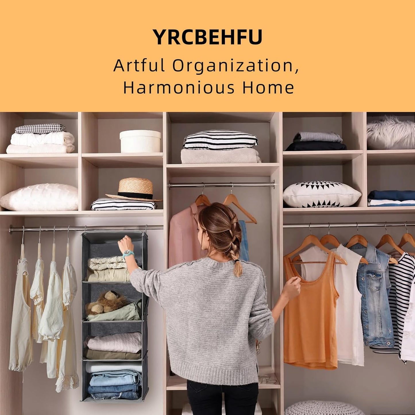 2 Packs Hanging Closet Organizer, 4-Shelf Closet Organizers and Storage with Side Pockets, Collapsible Hanging Shelves for Closet & RV & College Dorm,Grey