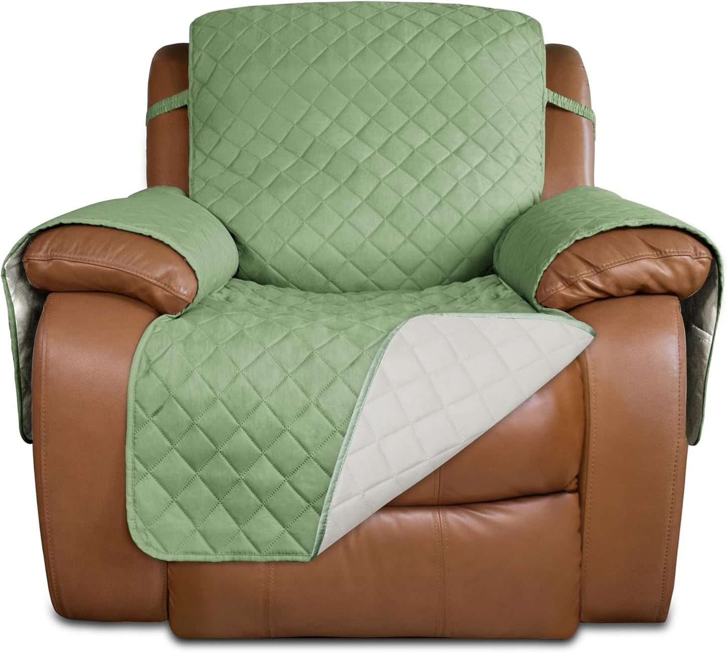 PureFit Reversible Quilted Sofa Cover, Water Resistant Slipcover Furniture Protector, Washable Couch Cover with Non Slip and Elastic Straps for Kids, Dogs, Pets (Oversized Recliner, Sage Green/Ivory)