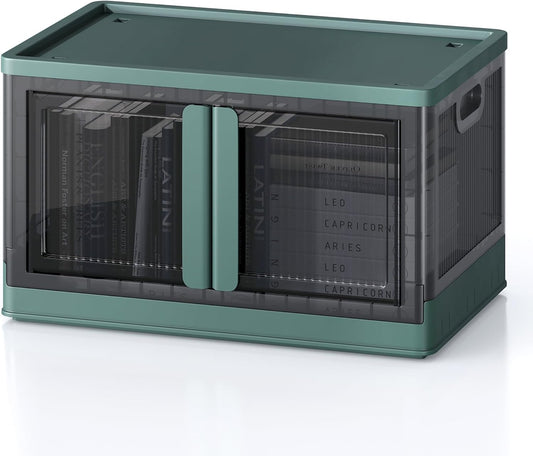 19Gal Collapsible Storage Bins with Lids & Wheels - 1 Pack Stackable with Doors, Heavy-Duty Plastic Containers for Home/Office, Green