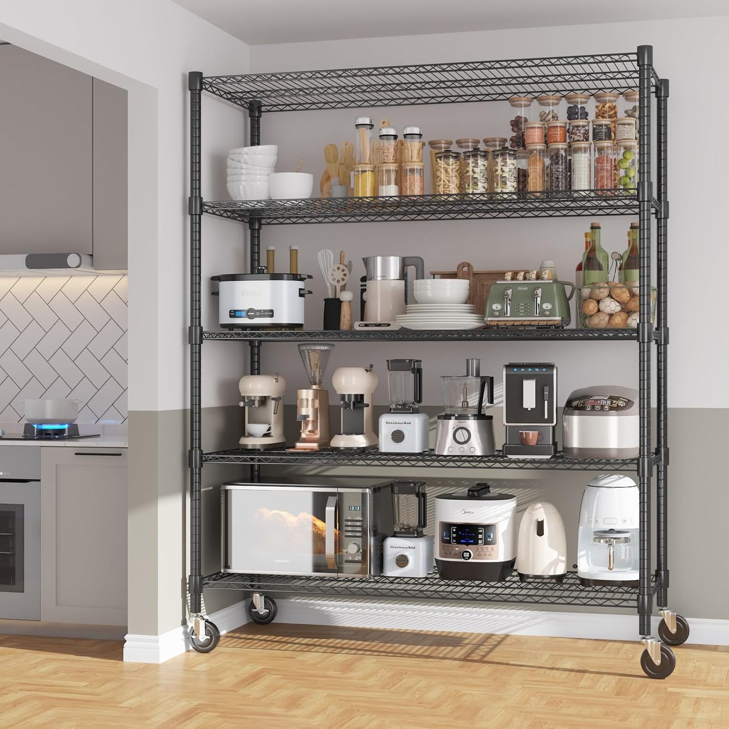 Himimi 82" H Storage Shelves 5 Tier Metal Shelving Adjustable Wire Shelf with Wheels, Heavy Duty Shelving for Garage Kitchen Pantry Bathroom Laundry,18" D*48" W*82" H, Black