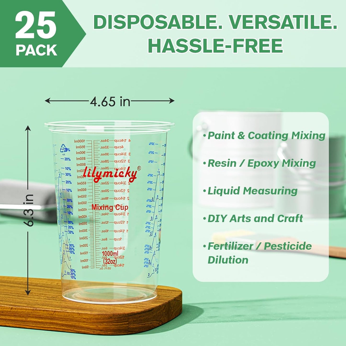 25 PACK Plastic Measuring Cups, 32 oz (1000ml) Disposable Mixing Cups, Measurement ratios: 2:1, 3:1, 4:1, Perfect for Epoxy Resin, Paint Mixing, Art DIY