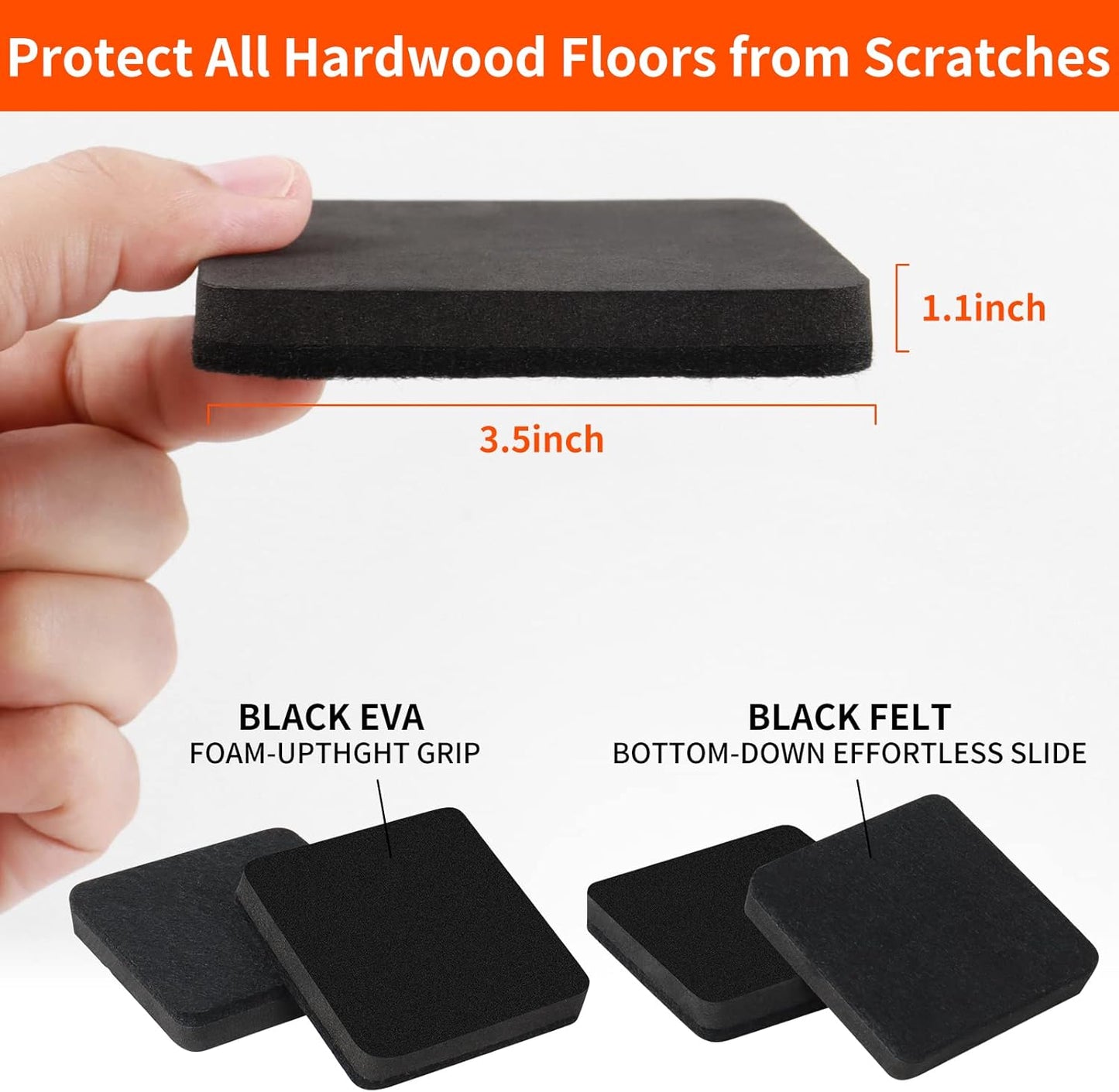 Ezprotekt 3.5" Felt Furniture Movers Sliders for Hardwood & Vinyl Floors, 16 Pcs Square Reusable Felt Furniture Moving Pads for Heavy Duty Sofa Bed Couch Cabinet, Move Items and Quickly (Black)