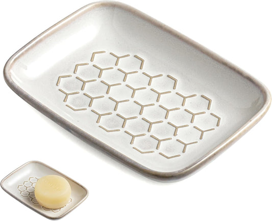 Gomakren Soap Dish for Shower, Bar Soap Holder, Ceramic Soap Dishes for Bar Soap, Sponge Holder Soap Saver Soap Tray for Bathroom Kitchen Sink, 5.5 Inch, Beige
