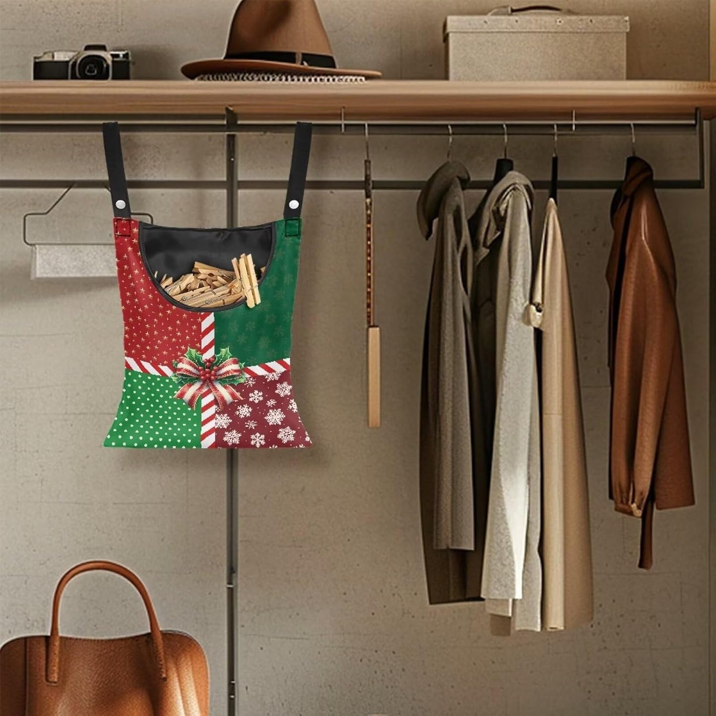 Christmas 2025 Adjustable Clothespin Storage Bag - Hanging Rope Organizer for Indoor/Outdoor Laundry Room & Closet Door