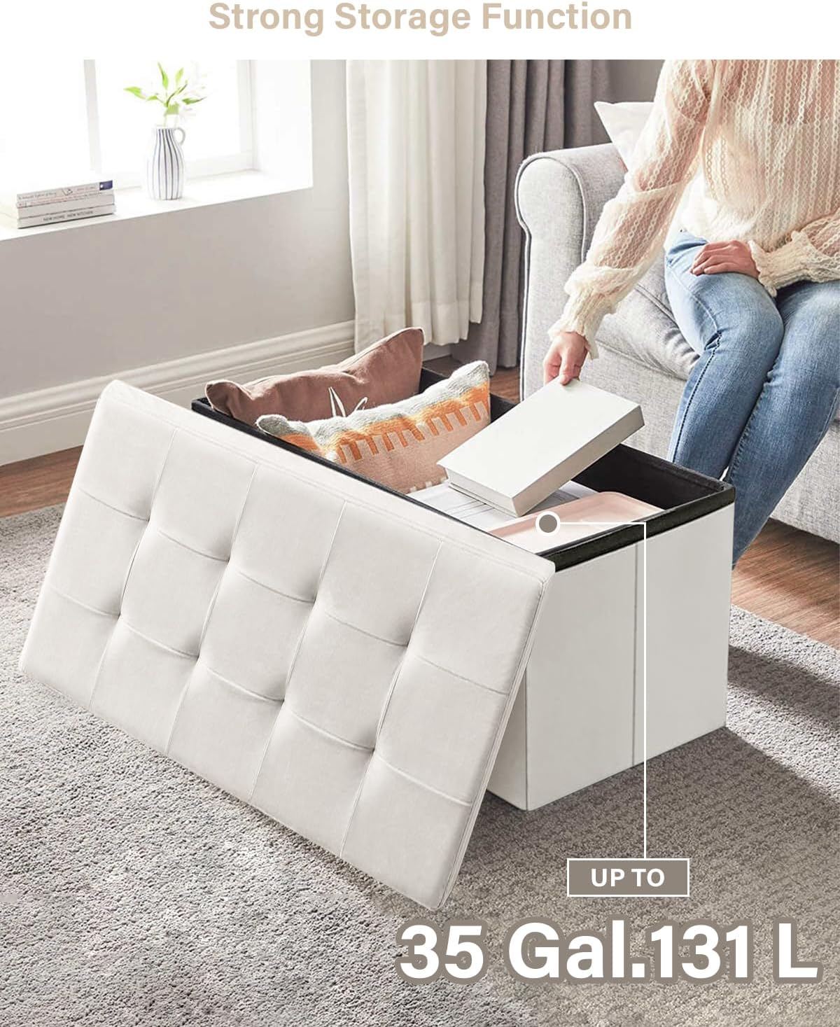 Folding Storage Ottoman, Velvet Storage Bench, Footrest, Removable Divider, for Living Room, Bedroom, 15 x 43 x 15 Inches, 660 lb Load Capacity, Cream White UASND02W