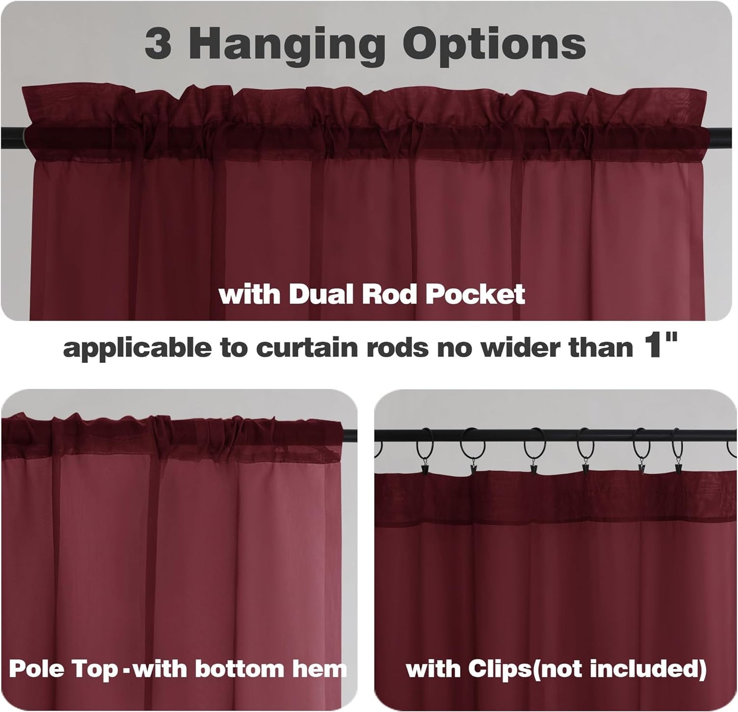Chyhomenyc Burgundy Sheer Curtains 84 Inches Long 2 Panels Set, Light Filtering Voile Window Drapes for Bedroom Living Room, 42Wx84L Inch, Burgundy, 2PCS
