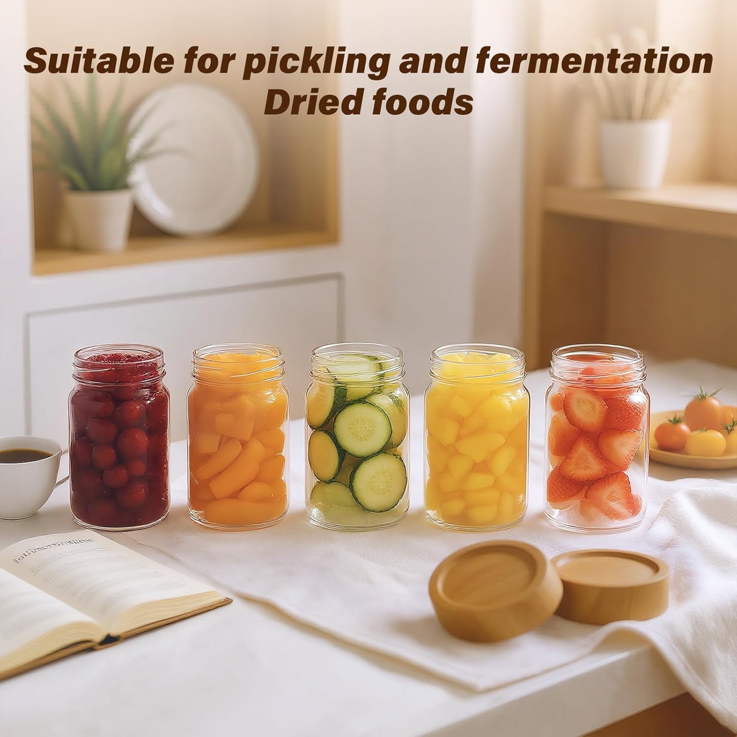 6pc Glass Mason Jars with Acacia Wood Airtight Lids - Overnight Oats & Food Storage Container Set, Clear Stackable Leakproof Kitchen Canisters for Meal Prep/Snack Organization/Spice Storage