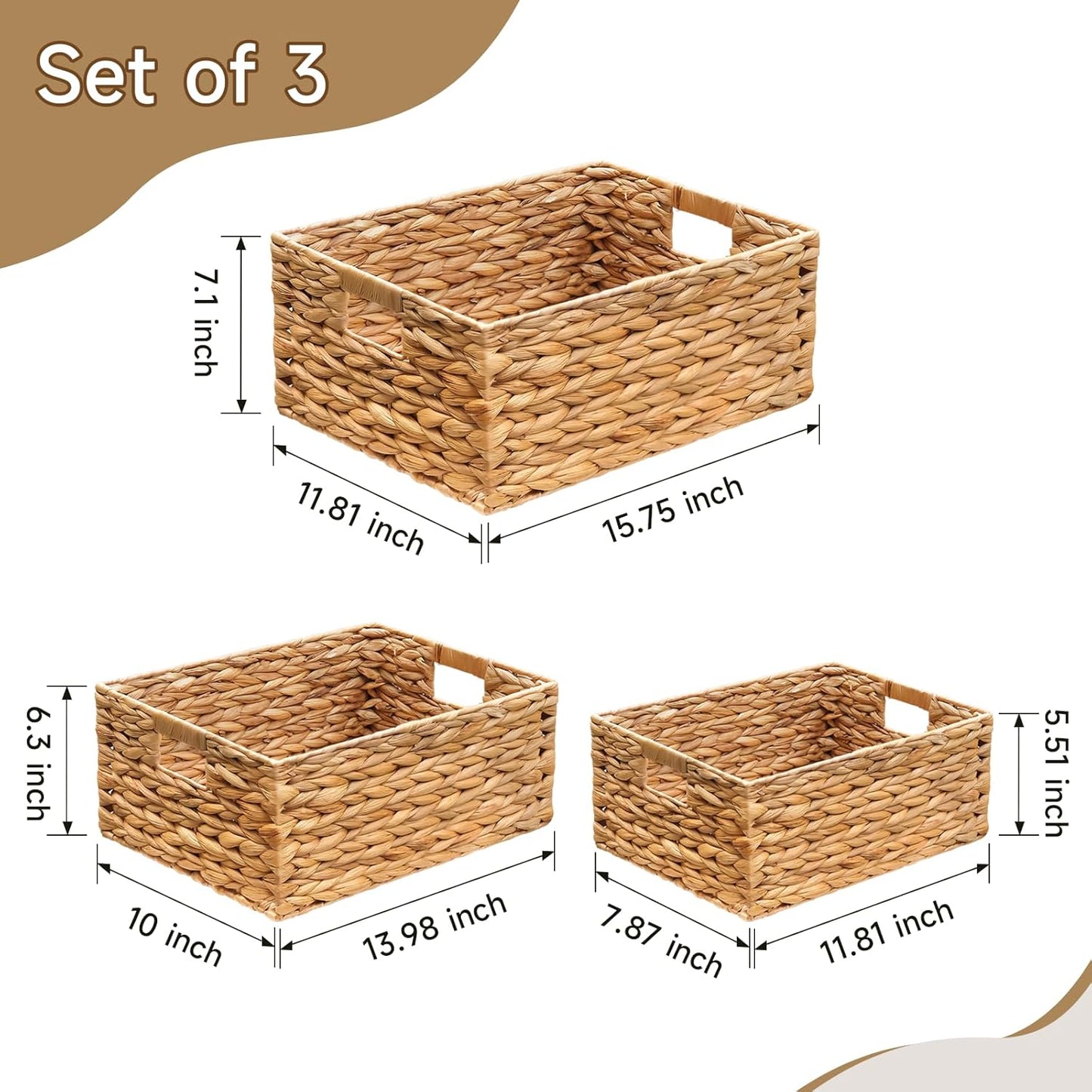 3 Pack Natural Water Hyacinth storage basket with Handle, Rectangular Wicker Basket for Organizing, Decorative Wicker Storage Basket for Living Room, 3 Mixed Sizes