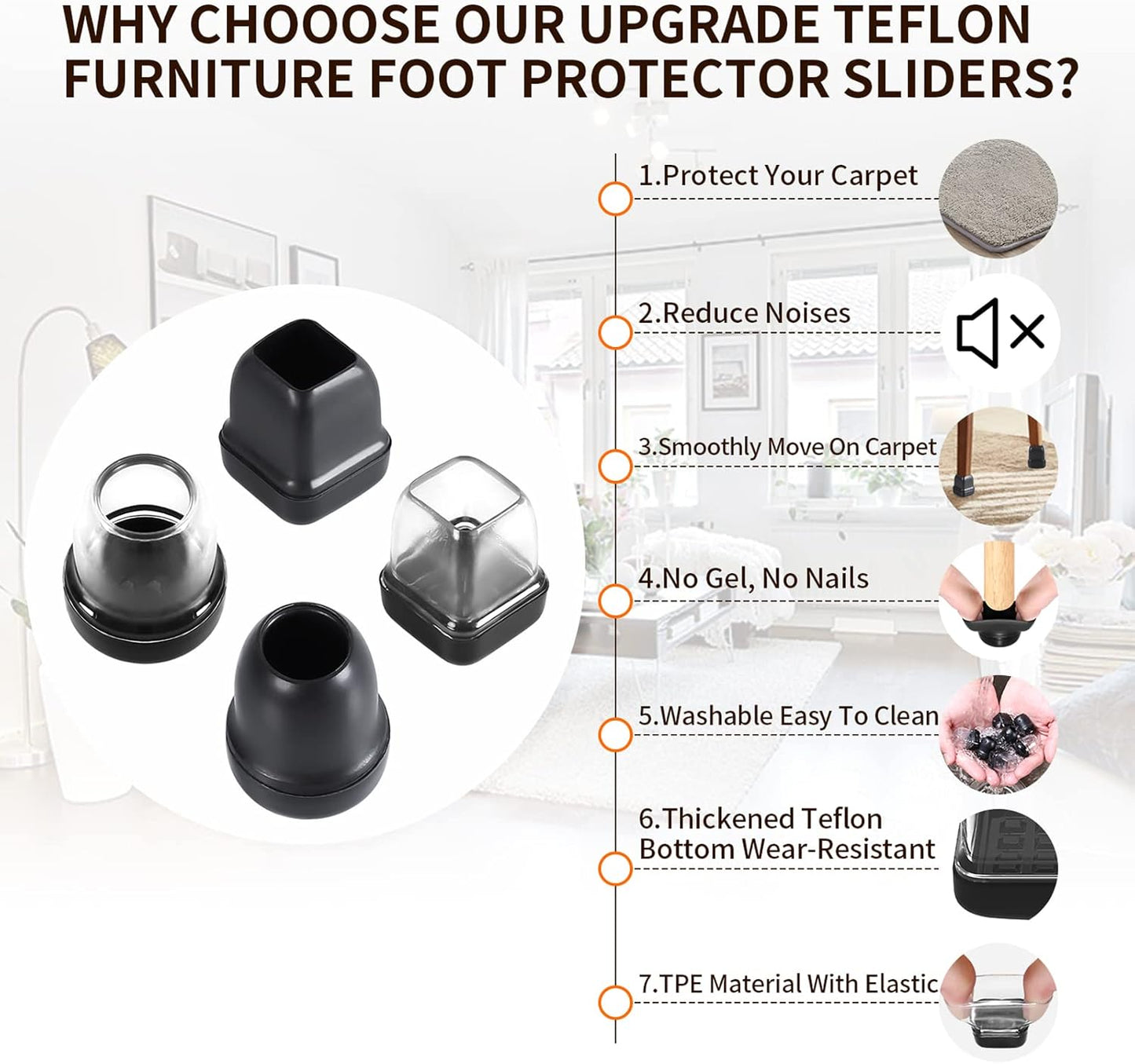 Ezprotekt 24 Pcs Clear Chair Leg Sliders for Carpet, Square Teflon Furniture Glides Protectors Covers, Bar Stool Carpet Sliders Caps for Chair Table Desk Couch Legs (S Fit: 0.55" - 0.75")