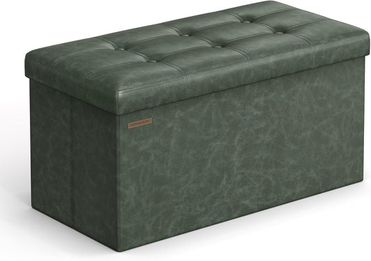 SONGMICS Mazie Collection - 30 Inches Folding Storage Ottoman Bench, Ottoman with Storage, Foot Rest Stool, Load 660 lb, for Living Room, Synthetic Leather, Forest Green ULSF040C01