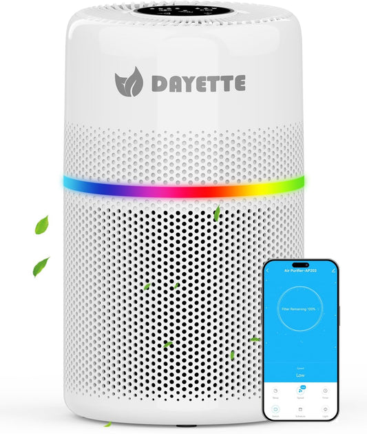 Smart Air Purifiers for Bedroom, DAYETTE 7 Color Light H13 Air Purifier for Home Large Room Up to 1500 Ft², APP Control & 20 dB Sleep Mode 2/4/8 Timer