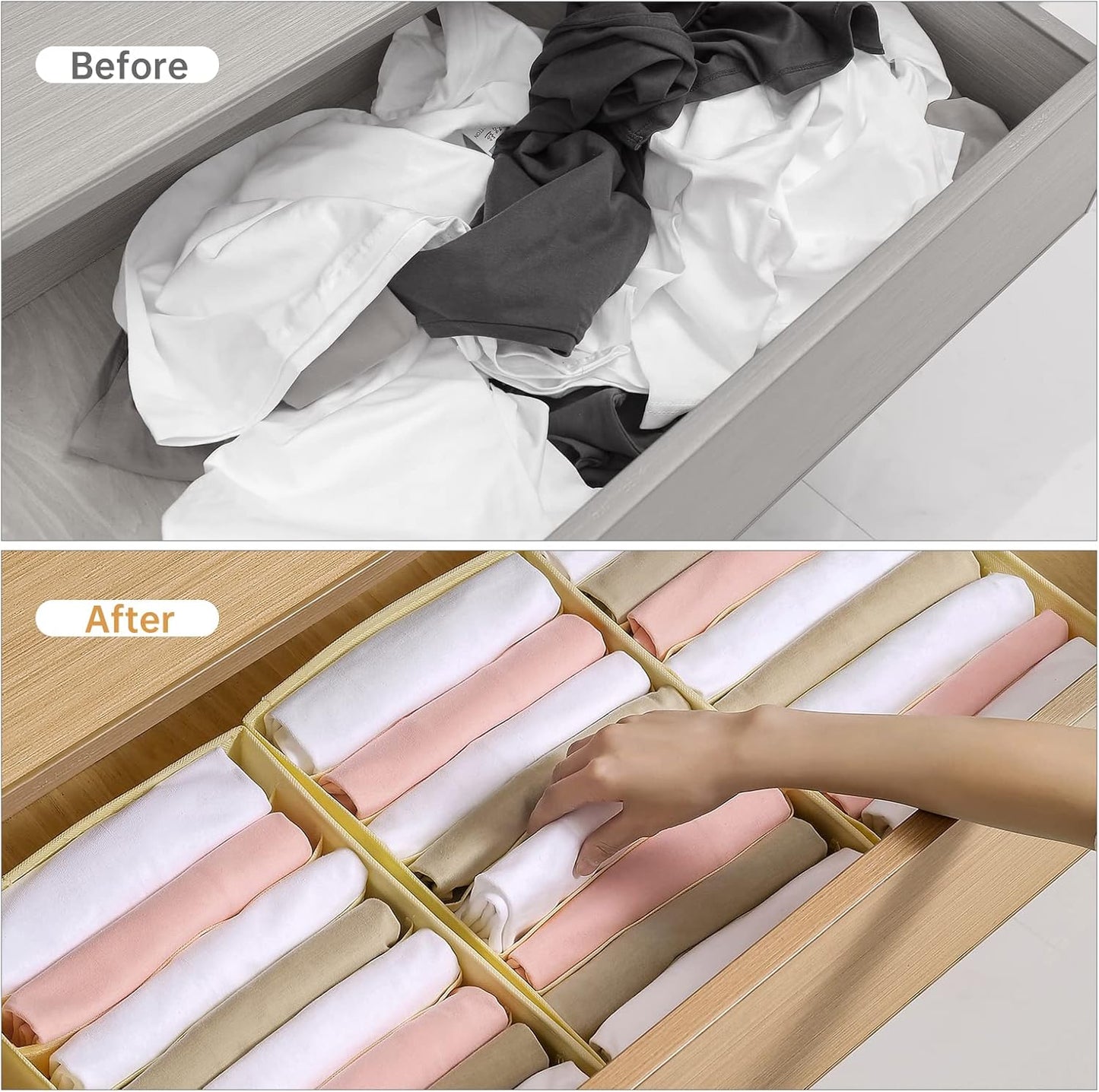 4 Packs T-shirt Drawer Organizers for Clothing,8 Grids Compartment Wardrobe Storage Box, Washable Clothes Organizer for Folded Clothes, Legging, Silk Scarve-Beige