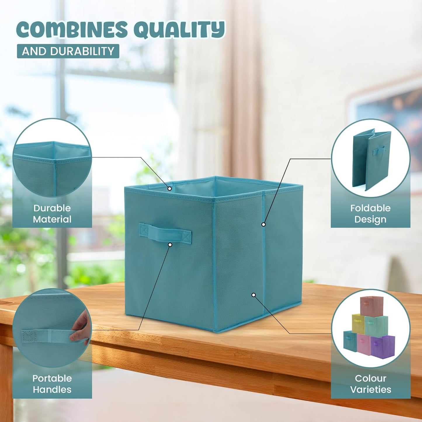 4E's Novelty 6 Pack 11 Inch Pastel Color Storage Foldable Cube Bins, Colorful Storage Baskets For Nursery, Kids Room, Fabric Baskets For Toys, Clothes, Classroom Organization and Storage