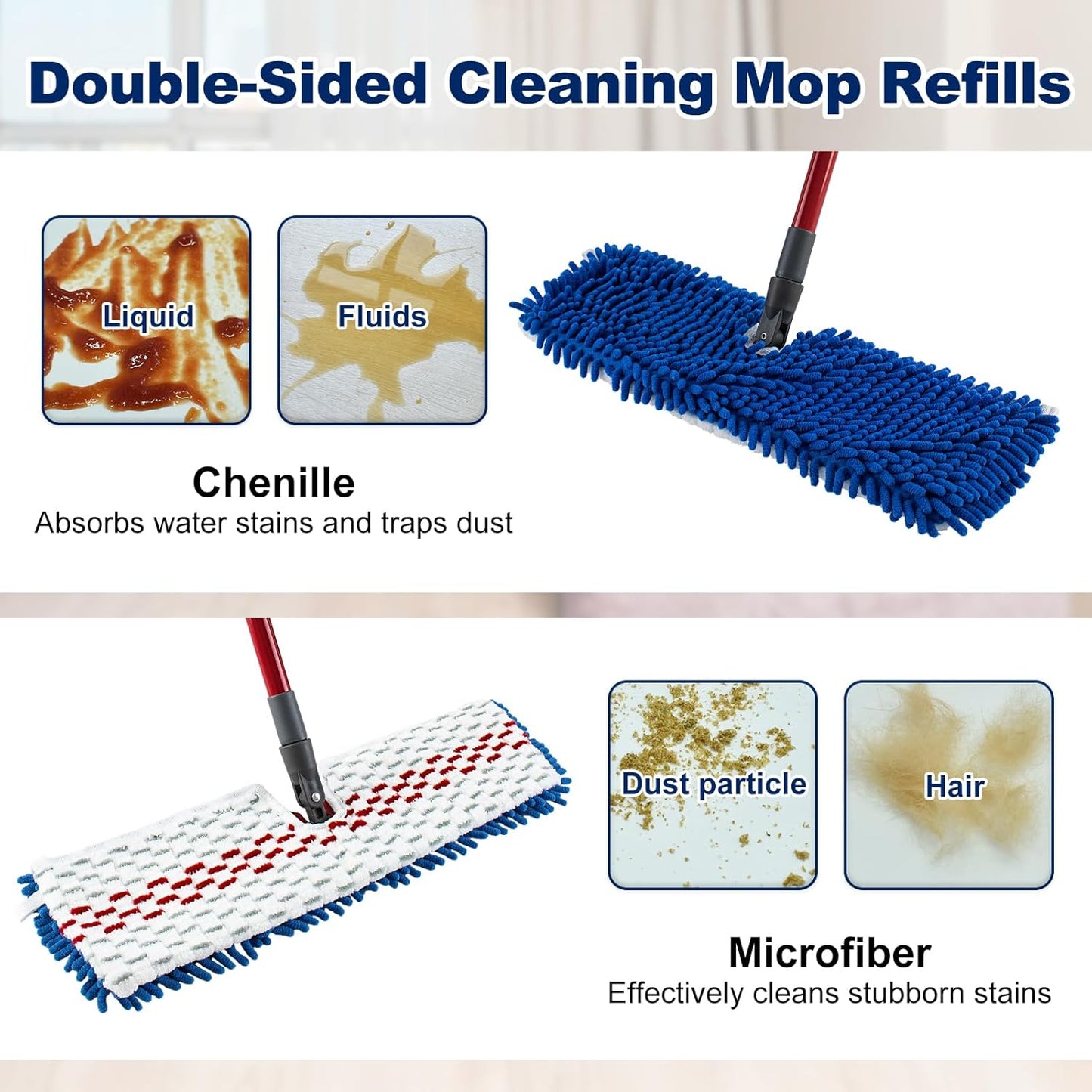 4 Pack Mop Replace Head for Ocedar Hardwood Floor'n More 3-Action Flip Mop,Mop Heads Replacements for Dry Wet Use,Chenille&Microfiber Double Sided Mop Refills,Reusable Mop Pad for Multi Surface Floor