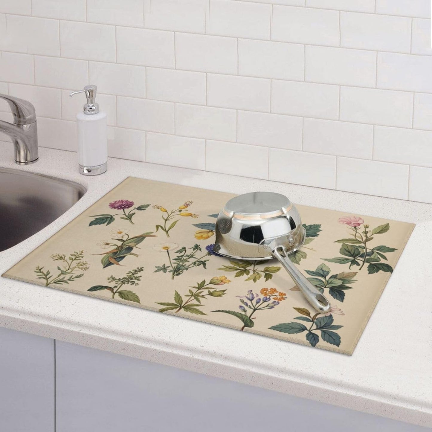 Vintage Plants Herbs Floral Dish Drying Mat Highly Absorbent Double-Sided Microfiber with Hanging Loop Reversible Drain Dish Rack Mat Drain Mat Suitable for Kitchen Countertop Coffee Bar 18 x 24 Inch