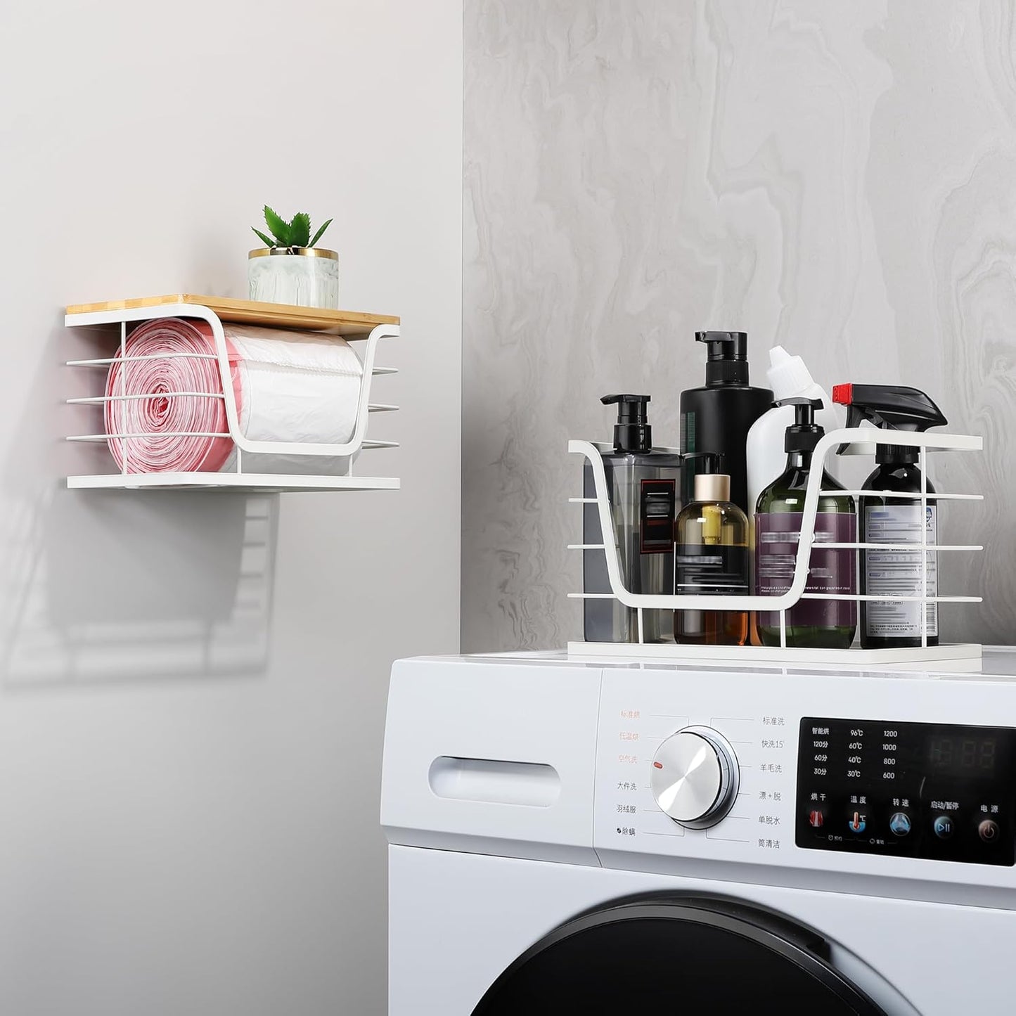 ALOCEO 2 Pack Extra Large Trash Bag Holder with Bamboo Top, Wall Mount Stainless Steel Organization and Storage for Kitchen Sink, White