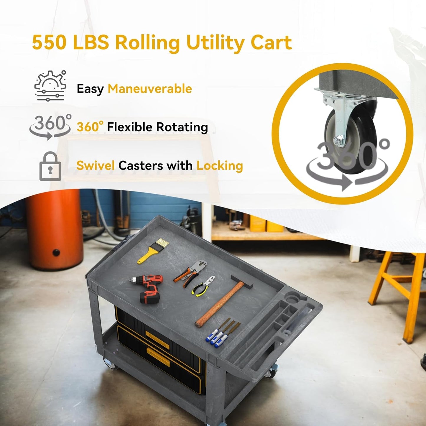 DWVO Service Utility Cart on Wheels, 45 X 25 in 550 LBS Heavy Duty Rolling Cart Plastic Work Cart for Warehouse Garage School & Office Cleaning