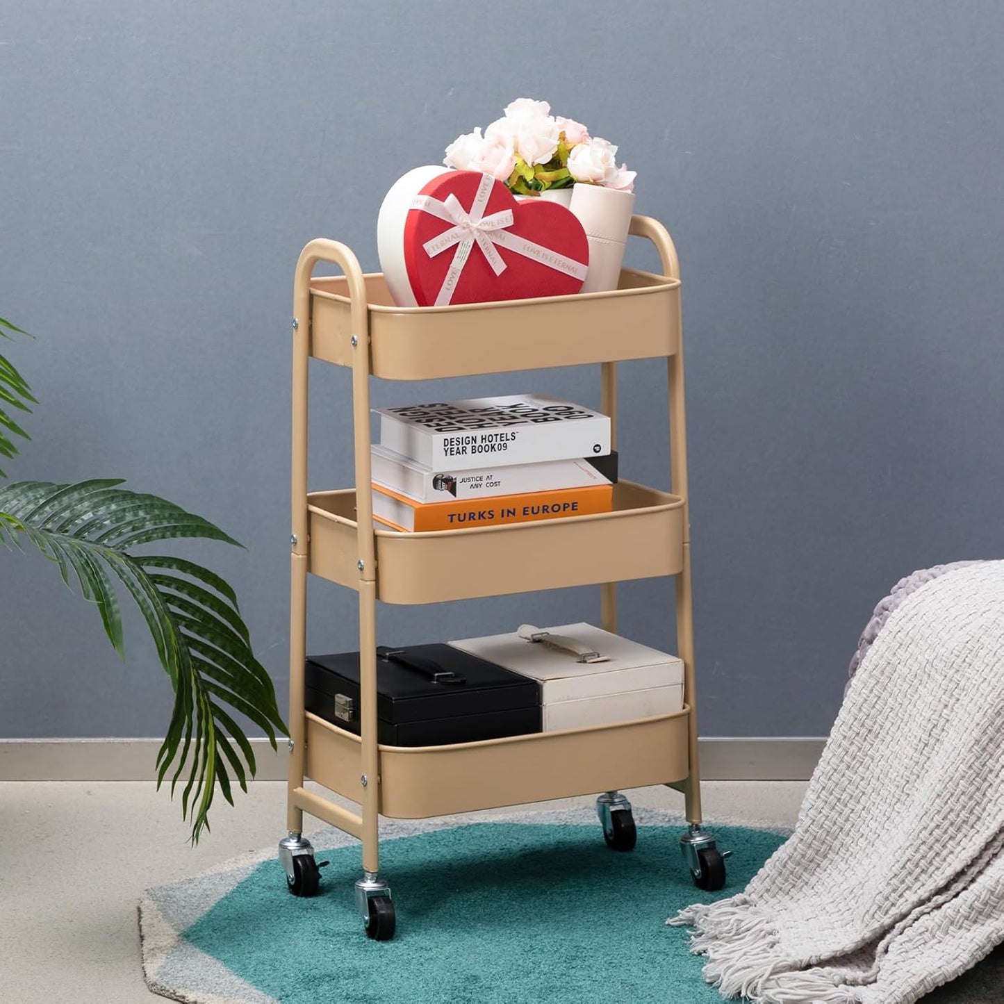 AGTEK Makeup Cart, Movable Rolling Organizer Cart, 3 Tier Metal Utility Cart with Lockable Wheels for Home & Office, Golden