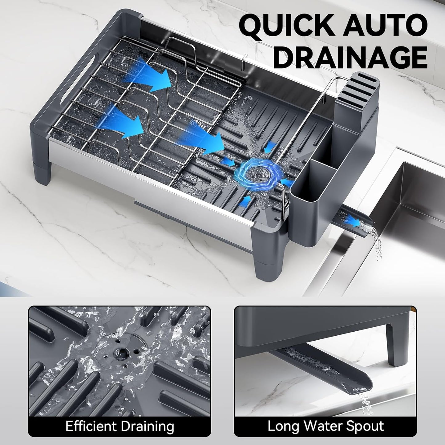 Expandable Dish Drying Rack, Stainless Steel Dish Rack with Aluminum Frame, Dish Drainer for Kitchen Counter, Space Saving Kitchen Drying Rack with Movable Utensil Holder,Gray