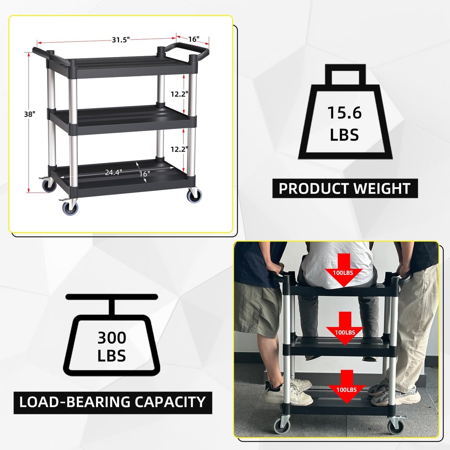 Plastic Utility Carts with Wheels, 3-Tier Rolling Service Cart, 300 lbs Heavy Duty Capacity with 4 inch Silent Casters(2 Lockable), for Home, Office, Restaurant, Warehouse.31.5"× 16" × 38"