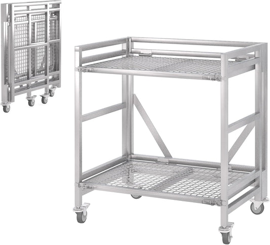 2 Shelf Rolling Cart with Wheels, 660lbs Capacity Collapsible Steel Rolling Utility Cart, Heavy-Duty Foldable Hand Truck, Metal Storage Carts with Handle for Groceries, Warehouse (36" Lx26 W)
