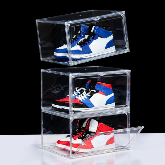NYZE 3 Pack Acrylic Shoe Boxes Side Open, Clear Shoe Box Plastic Stackable, Shoe Storage Organizer with Magnetic Door, Shoe Display Shoe Containers with Lids Fits Up to Size 15