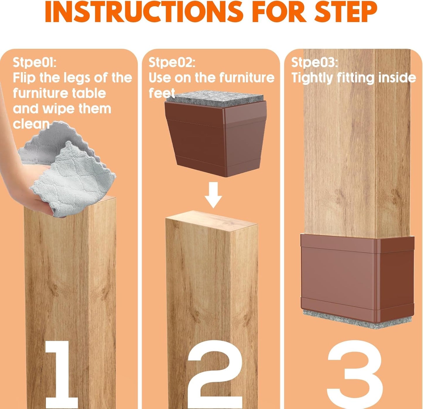 Rectangle Chair Leg Protectors for Hardwood Floors,16 PCS Silicone Covers to Protect Wood Tile Floors Felt Pads Furniture Leg Caps Reduce Noise. Easy to Move.(Brown,1 x 3 Inch,Rectangle)