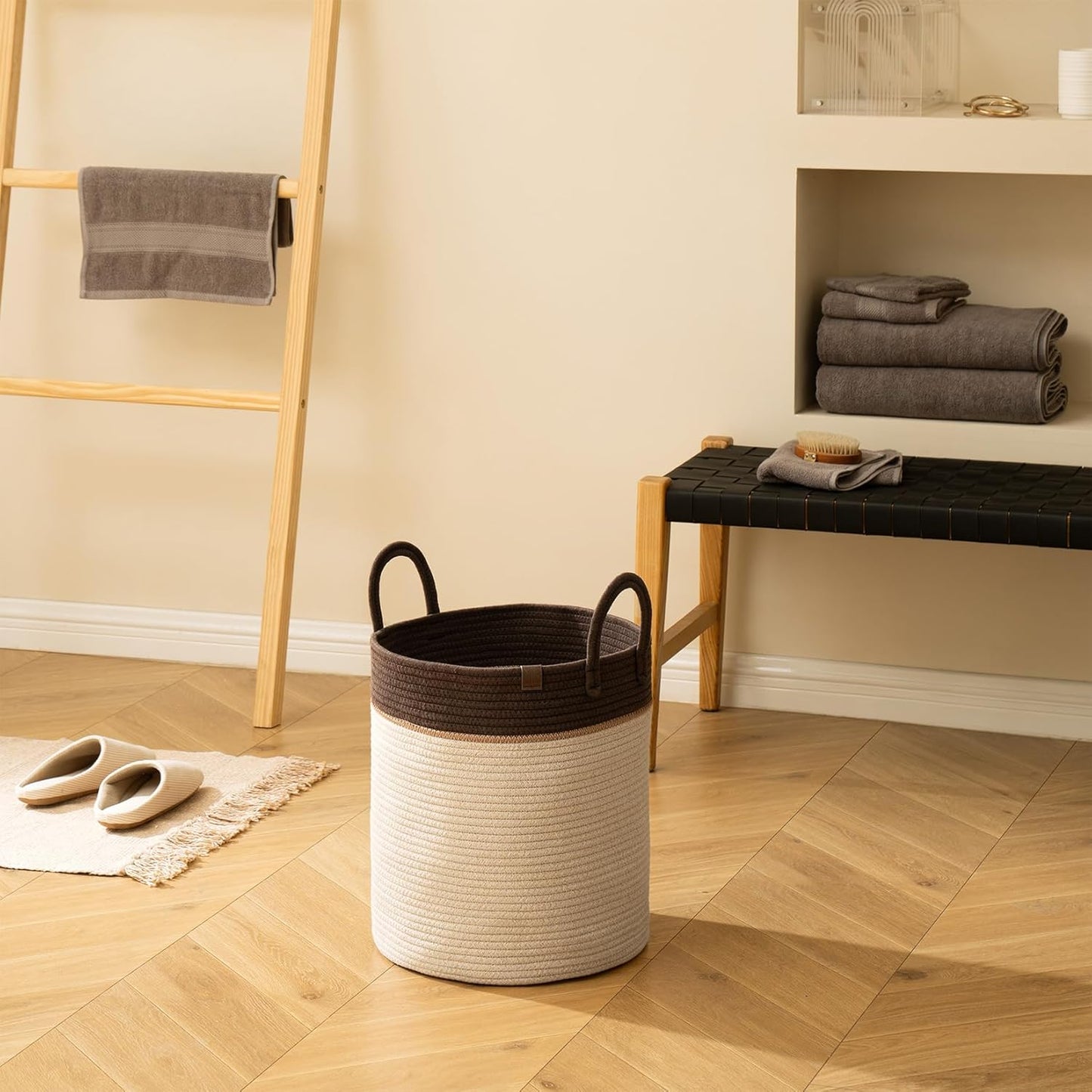 LA JOLIE MUSE Woven Basket Rope Storage Baskets - Large Cotton Organizer, Laundry Basket, Oatmeal, 40 Litres