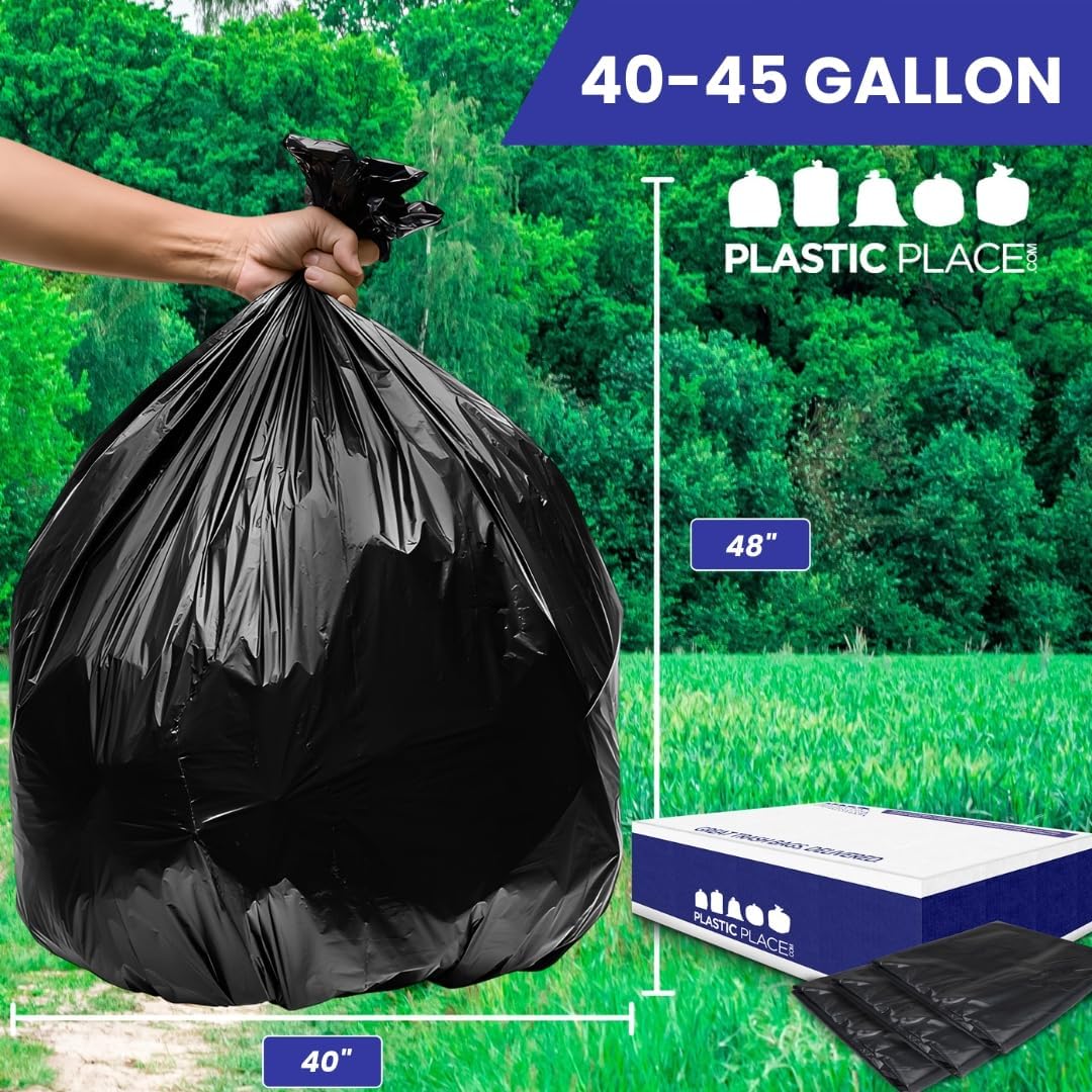 Plasticplace Contractor Trash Bags 40-45 Gallon │ 3.0 Mil │ Black Heavy Duty Garbage Bag │ 40” x 48” (50 Count)