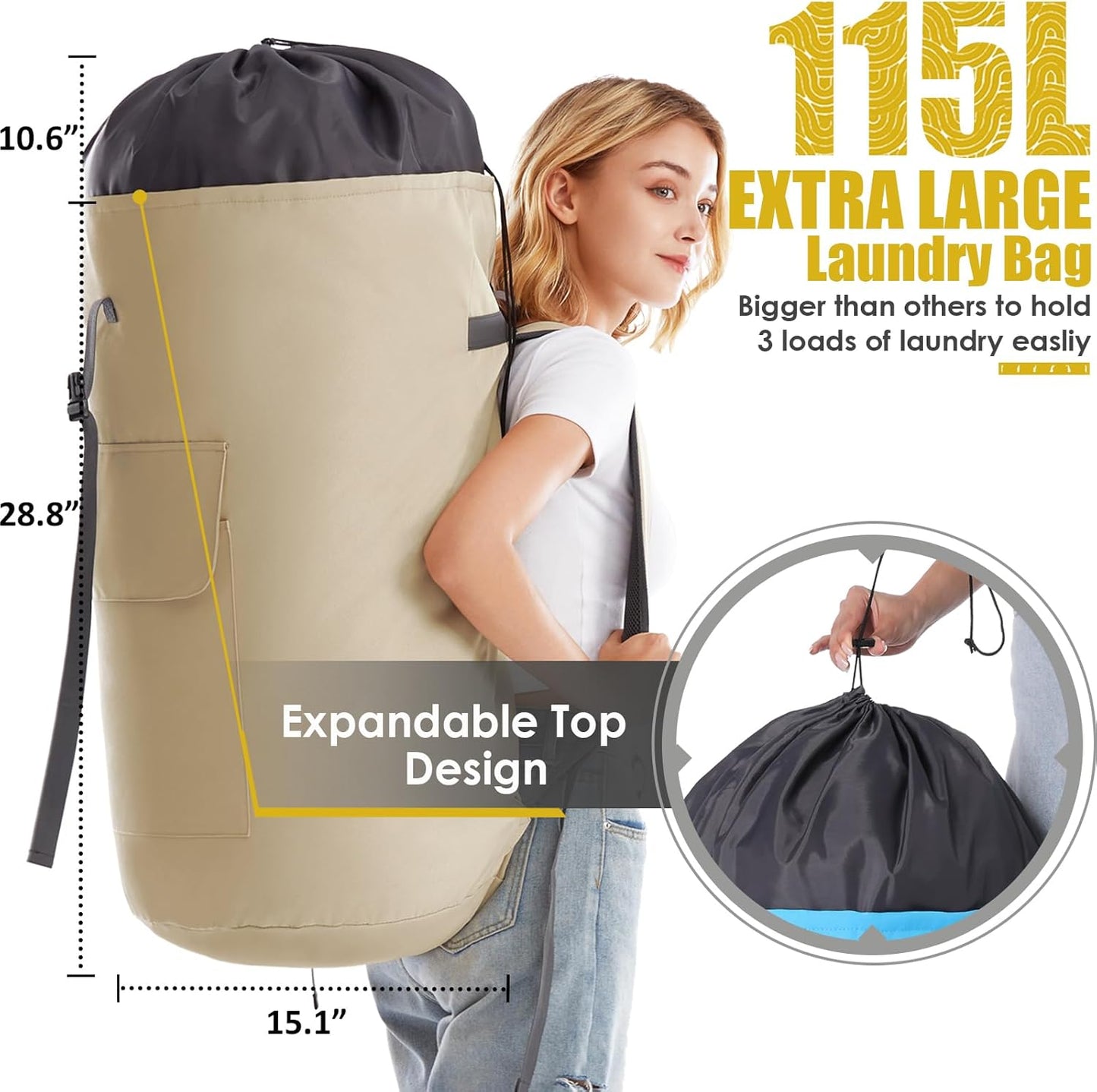 Heavy Duty Laundry Bag 115L, Sturdy Laundry Backpack Bag Extra Large, Dorm Room Essential for Guys, Khaki Laundry Bag Backpack for Camp, XL Laundromat Bags, Laundry Duffel Bag for College