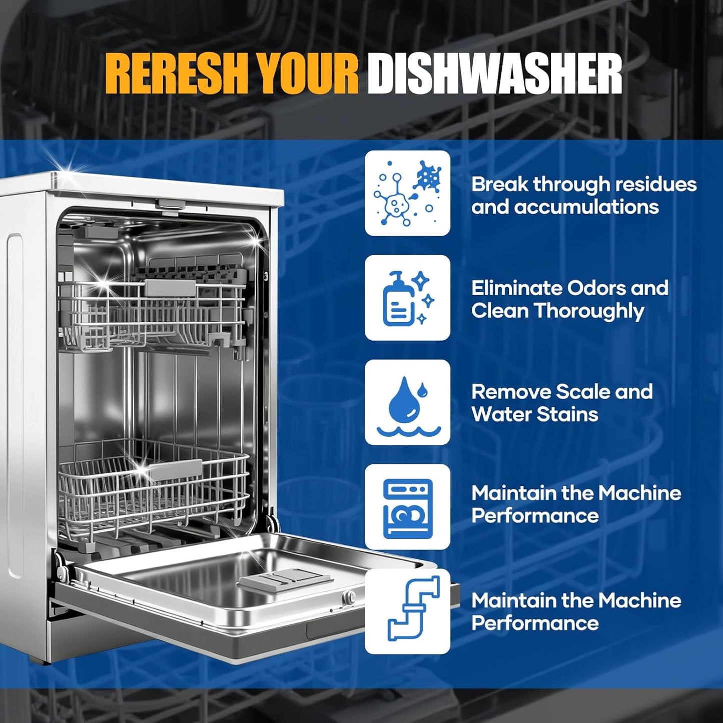 Dishwasher Cleaner Tablets - Dishwasher Cleaner And Deodorizer Tablets Lemon Scented, Heavy Duty Deep Clean Descaler Pods for Septic Safe, Prevents Buildup & Odor, Natural Limescale Remover (32 Pack)